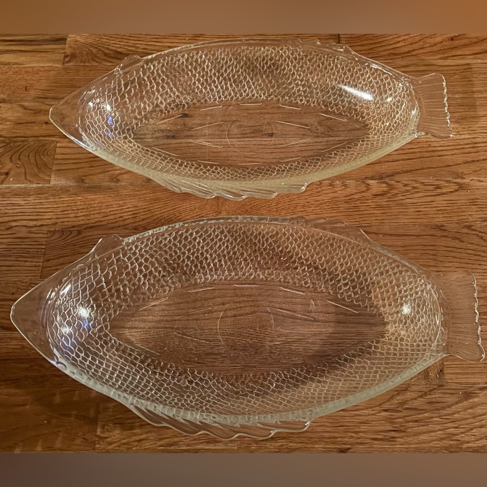 GLASBAKE Clear Glass Fish-Shaped Serving Dish #4141, set of 2